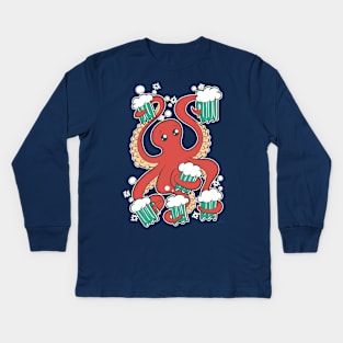 Happy Octopus Drinking Beers by IAMO Kids Long Sleeve T-Shirt